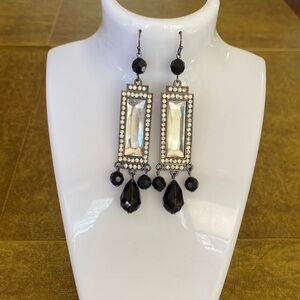 Vintage art deco Clear Crystal and Black Bead Dangle pierced Earrings